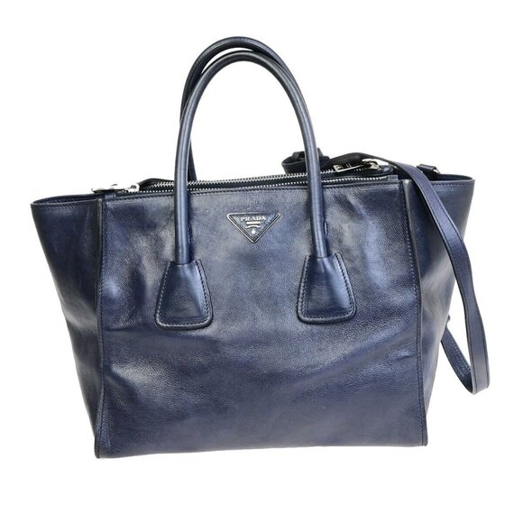 PRADA MILNO Logo 2Way Shoulder Hand Bag Leather Navy Blue Silver-Plated 10ED918 - Picture 1 of 15